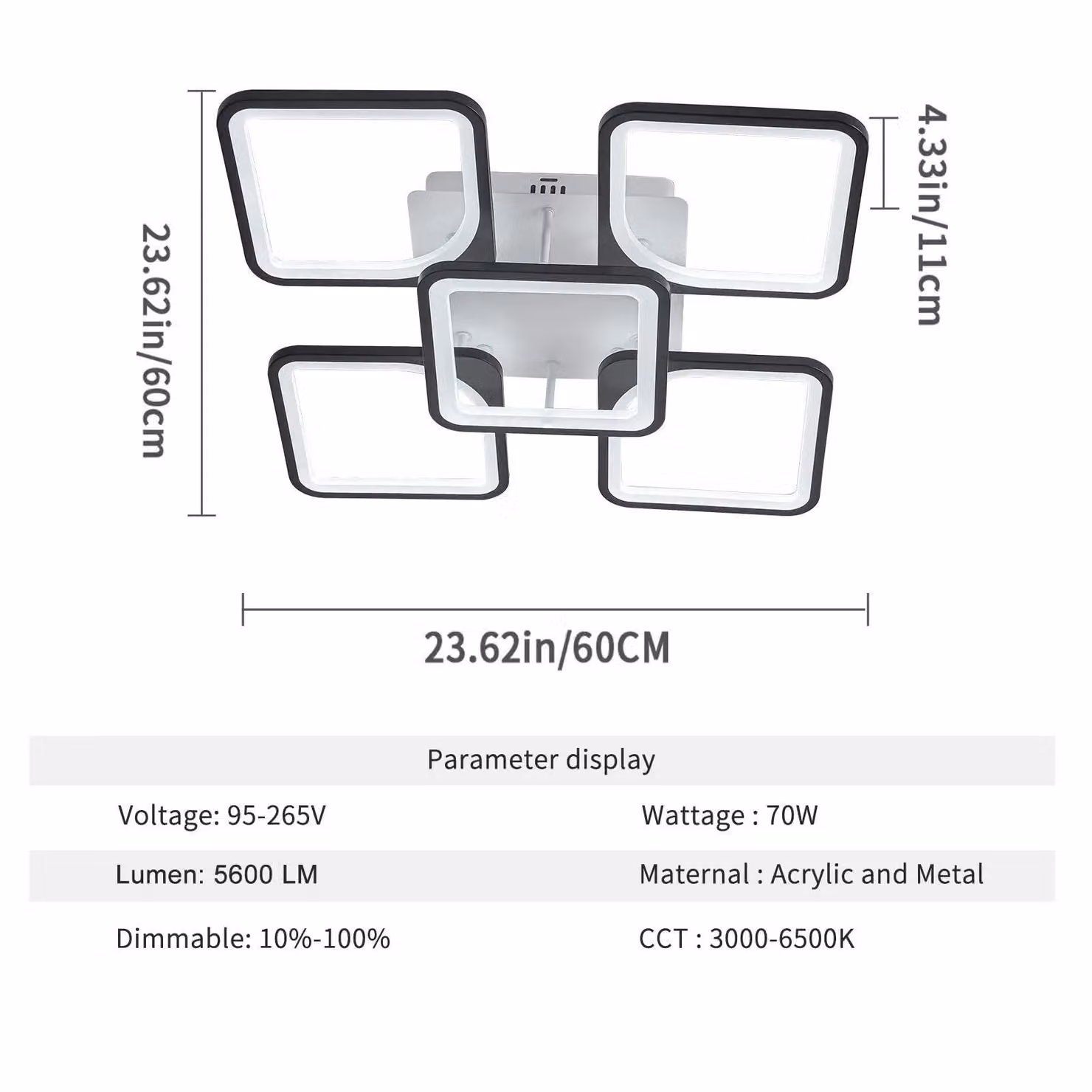 Garwarm Black 70W Square LED Ceiling Light with Remote Control, Dimmable Acrylic and Metal Design – 4