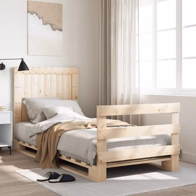 Berkfield Home Solid Wood Pine Bed Frame with Headboard in Brown, W/D/H: 90 x 200 cm