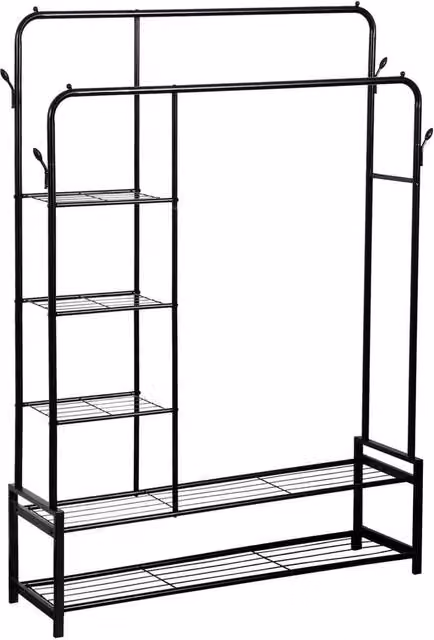 VOGREX Heavy Duty Double Clothes Rail with 2 Shoe Racks, 3 Shelves and 4 Hooks in Matt Black