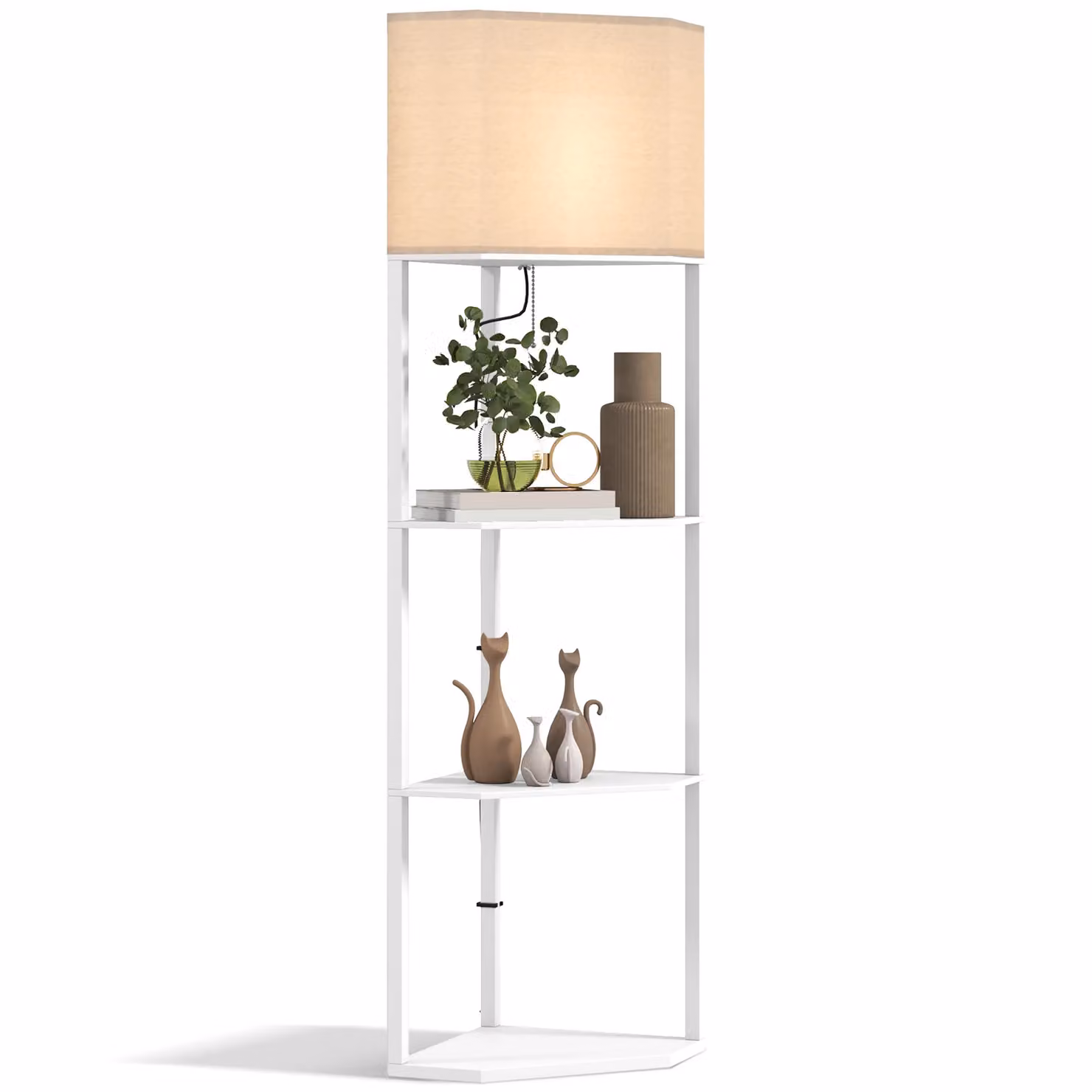 HOMCOM Modern White Corner Floor Lamp with Shelves and Pull Chain Switch – 2