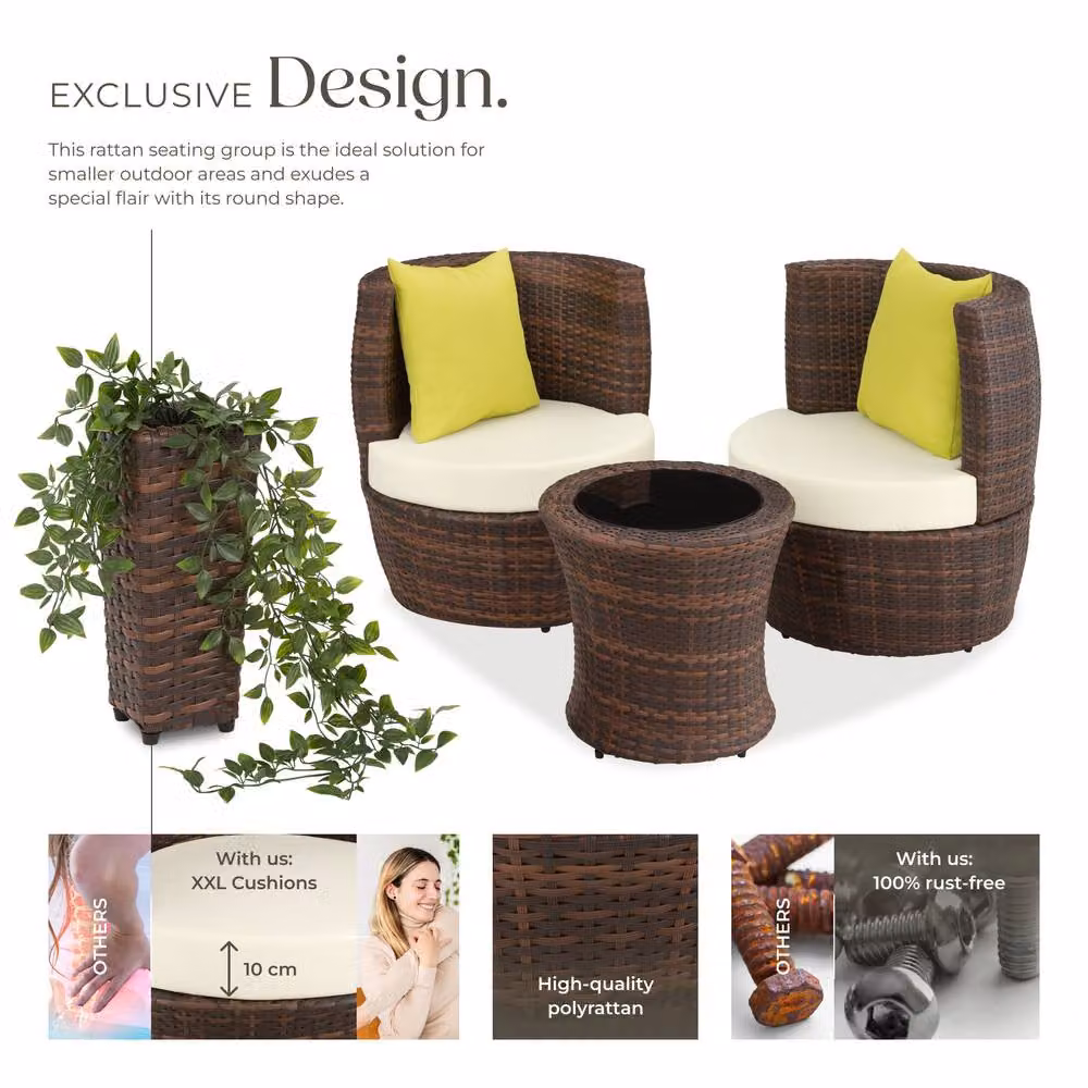 tectake Nizza Aluminum Rattan Seating Set in Brown with Upholstered Cushions – 3