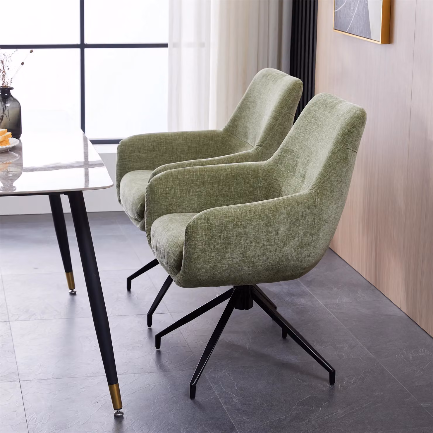 FURNITURE ONE Set of 2 Padded Green Fabric Dining and Task Chairs with Metal Frame – 2