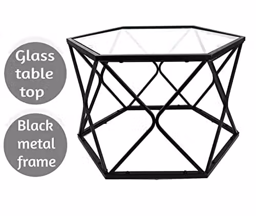 SPOT ON DEALZ Hexagon Glass Coffee Table and Black Side Table, W: 56 cm, D: 40 cm, H: 65 cm – 6