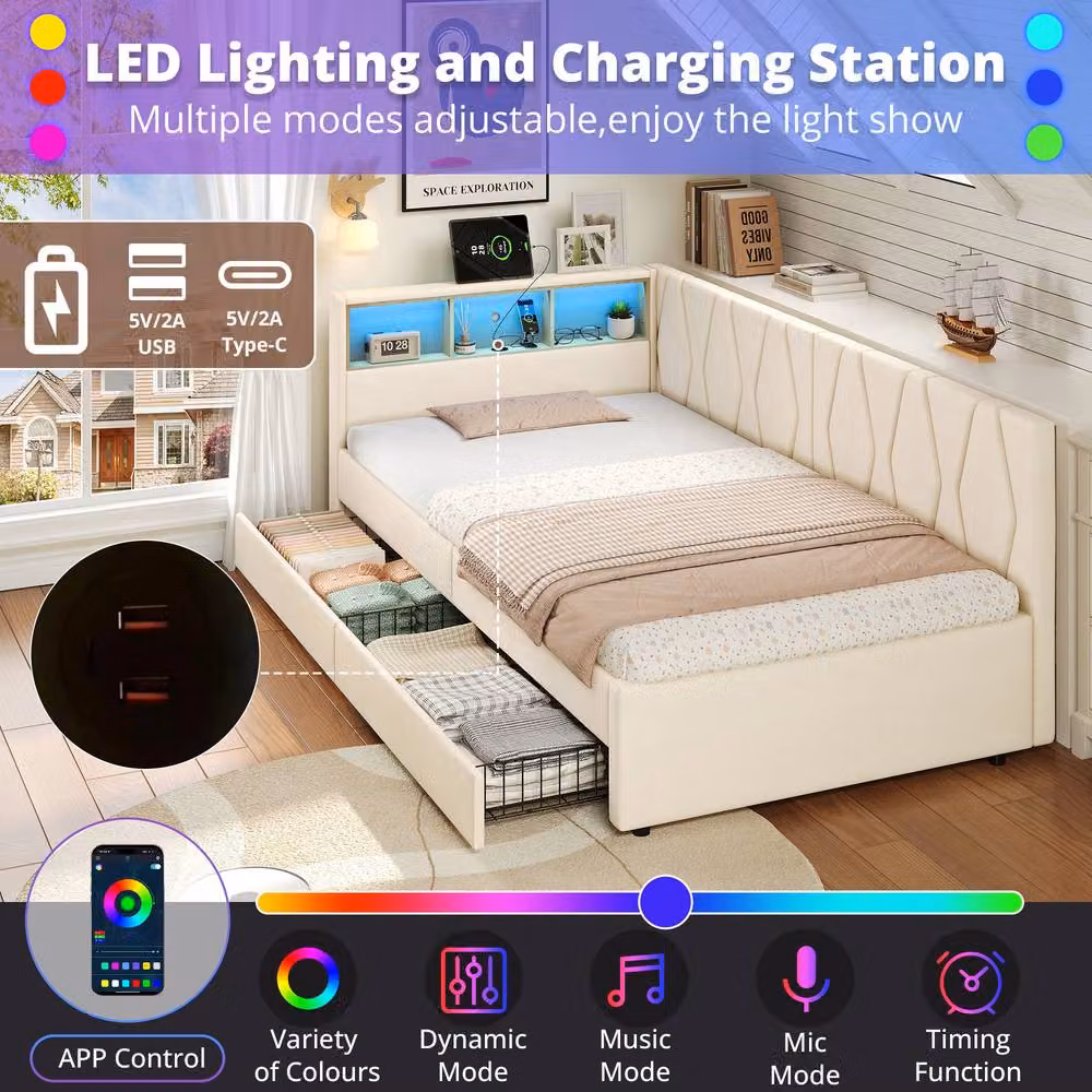 BTM Single Daybed with Storage Drawers, LED Lighting and USB Charging Station in Beige, W/D/H: 90 x 190 cm – 3
