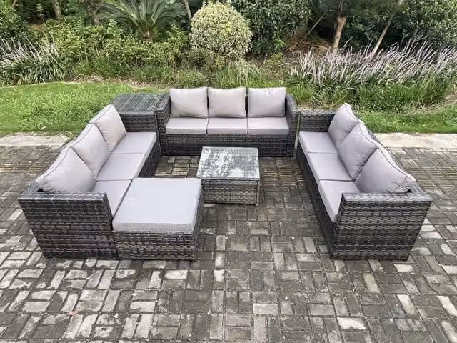 Fimous 10 Seater Outdoor Rattan Garden Furniture Set in Dark Grey with Coffee Table and Ottoman