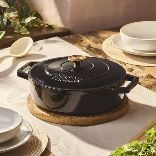 Cooks Professional Enamelled Cast Iron Shallow Casserole Dish with Lid and Handles, 4.3 l, Matt Black, 28 cm – 2