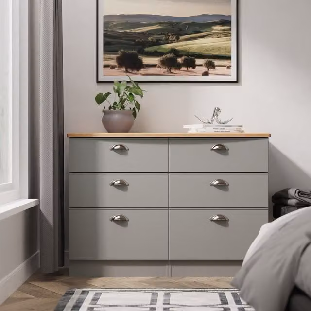Victoria Ready Assembled 6 Drawer Wide Chest in Dusk Grey and Riviera Oak