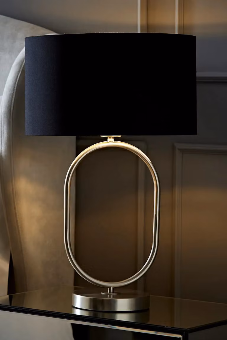 ValueLights Antonia Oval Table Lamp with Black Fabric Drum Shade and Chrome Base, Bulb Included