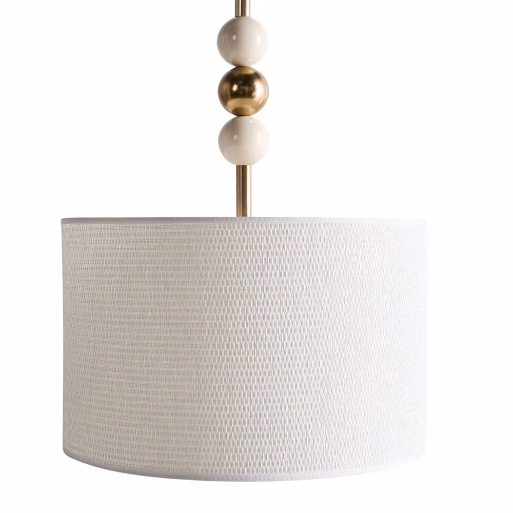 Wyld and Coco Mid-Century Pendant Lamp with Beige Fabric Drum Shade and Gold Brass Metal Finish – 2
