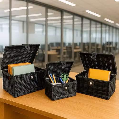 INNOTECK 3-Piece Black Resin Wicker Storage Basket Set with Lids and Handles – 5