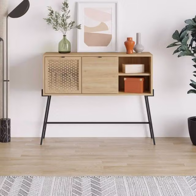 FWStyle Sapphire Oak 2 Door Sideboard with Laser Cut Doors and Black Metal Frame, Brown, W: 116 cm, H: 91 cm, D: 36 cm