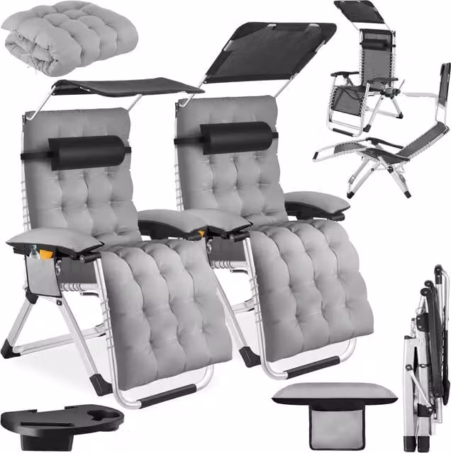 tectake Grey Sun Lounger for 2 Adults with Sun Canopy, Adjustable Headrest, Armrests and Side Tray