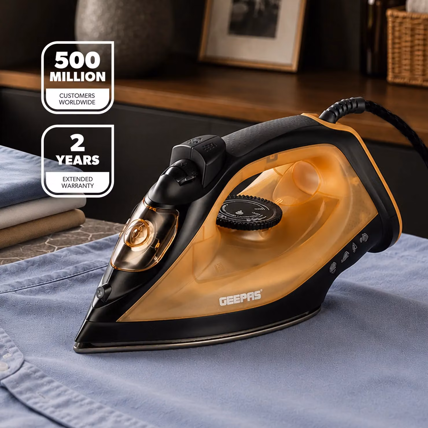 Geepas 1800W Steam Iron with Non-Stick Soleplate and Vertical Steam in Orange – 2
