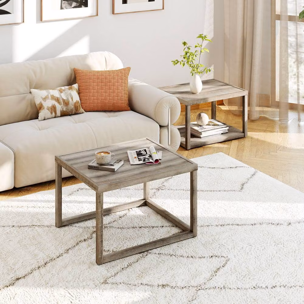 Costway Set of 2 Nesting Rectangular Coffee Tables in Grey Rustic Rubberwood – 3