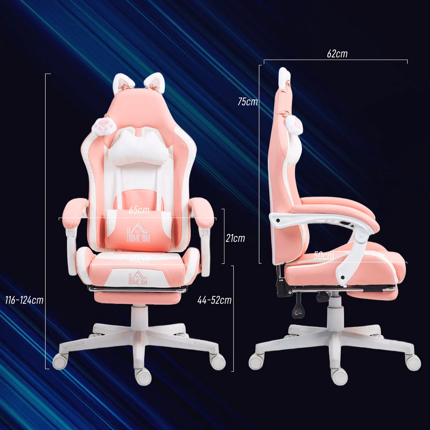 HOMCOM Pink Gaming Chair with Footrest and Headrest in Synthetic Leather – 3