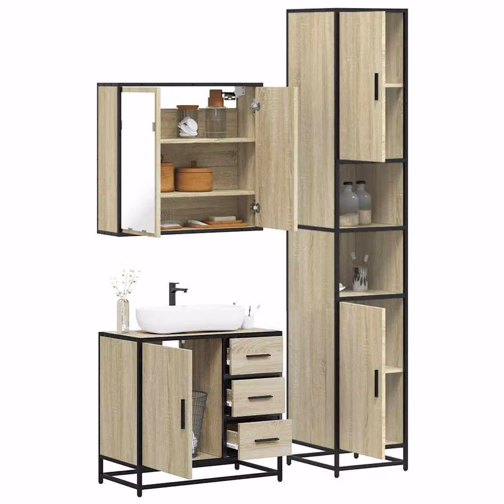 Berkfield Home 3 Piece Industrial Bathroom Furniture Set in Tan Sonoma Oak Engineered Wood – 2