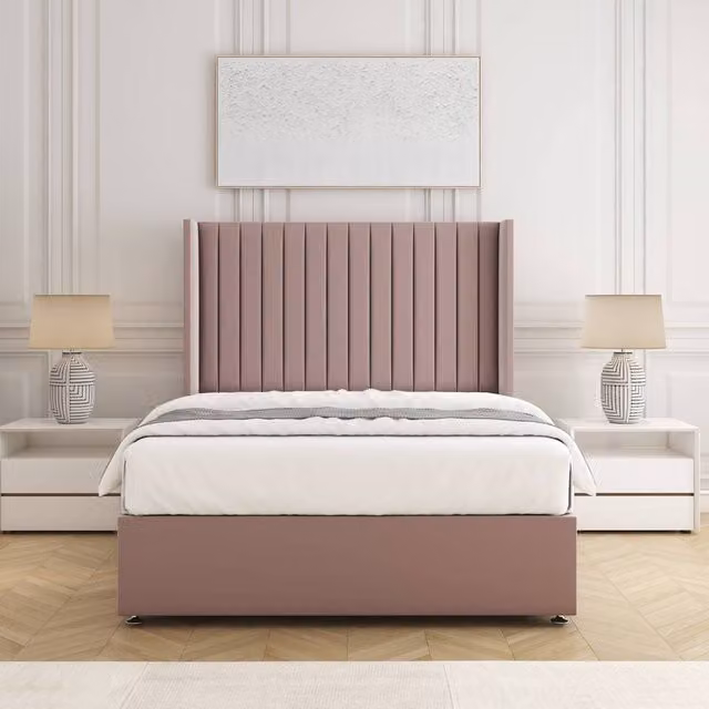 BSSPOKE Manhattan Small Double Divan Bed with 54 inch Headboard and Mattress in Pink Plush Velvet W/D/H: 120 x 200 cm