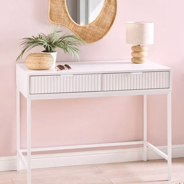 Wyld and Coco 2-Drawer Console Table in White MDF with Fluted Fronts, W/D/H: 100 x 77 x 40 cm