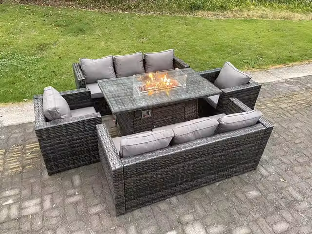 Fimous 8 Seater Rattan Garden Furniture Set with Gas Fire Pit Dining Table in Dark Grey