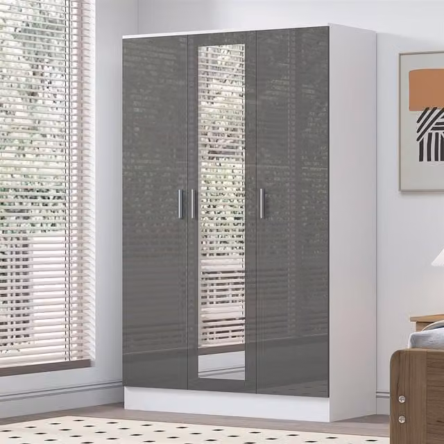 REFLECT 3 Door Mirror Wardrobe with Soft Close Hinged Doors in Grey High Gloss and White Matt Finish