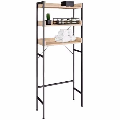 tectake Industrial Style 3-Tier Bathroom Storage Shelf with Adjustable Wooden Shelves and Steel Frame, Light Brown, H x W x D: 165.5 x 67 x 25 cm – 1