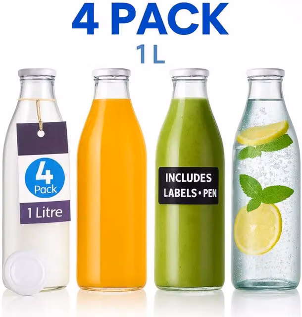 Volila 4 Pack Airtight and Leakproof Glass Milk Bottles, 1 l each, Transparent