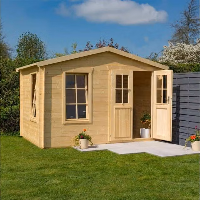 Cheshire 11 x 7 Studio Apex Log Cabin in Natural Wood with 19mm Wall Thickness