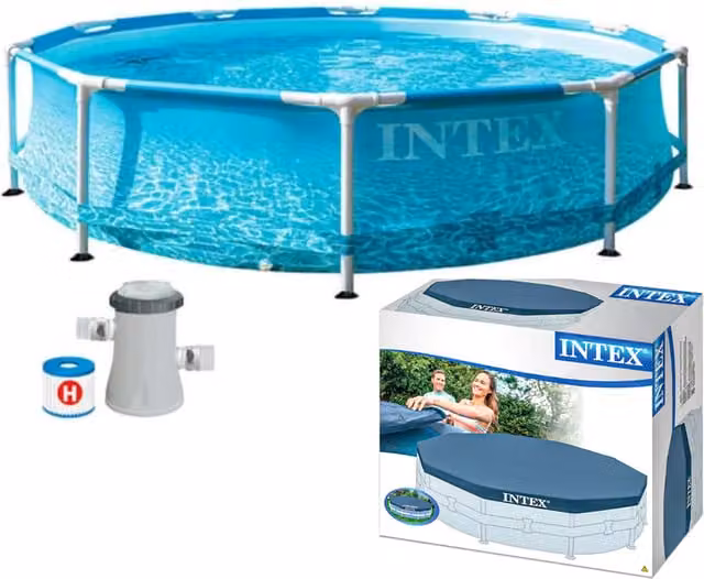 Intex Blue Round Beachside Steel Frame Pool with Pump and Cover, Diameter: 305 cm