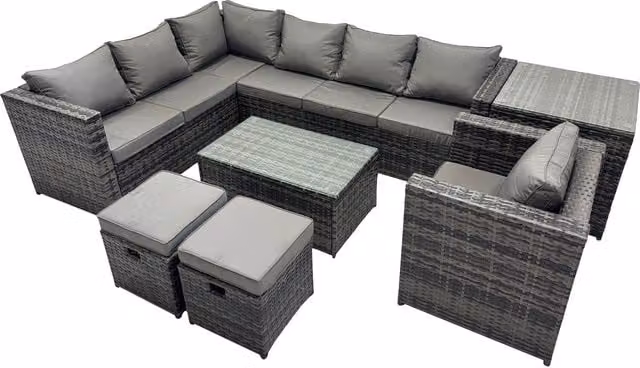 Fimous 9-Seater Dark Grey Rattan Outdoor Corner Sofa Set with Tempered Glass Coffee Table
