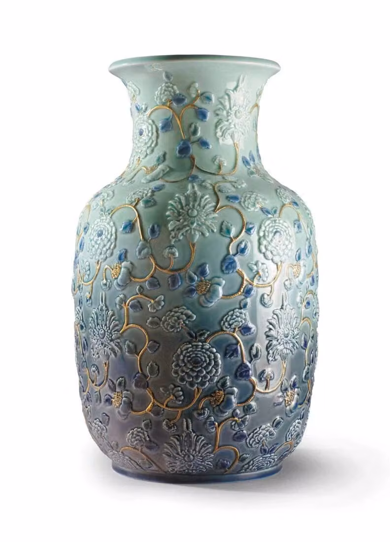 Lladró Peonies Porcelain Vase in Gold and Blue