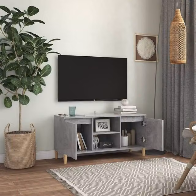 Berkfield Home TV Cabinet in Concrete Grey with Solid Wood Legs, W: 103.5 cm, D: 35 cm, H: 50 cm