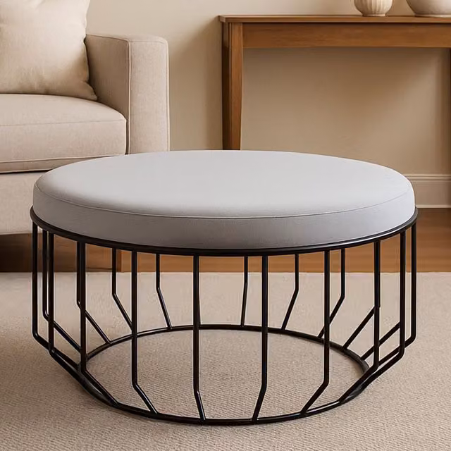 Orsina Grey Velvet Cage Stool with Round Seat and Black Metal Frame