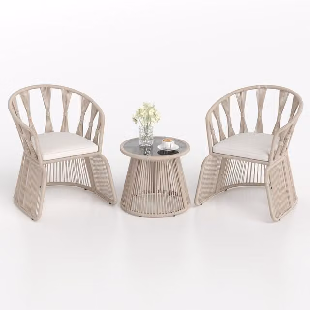 Costway 3 Piece Modern White and Beige Rattan Patio Leisure Chair Set with Metal Frame