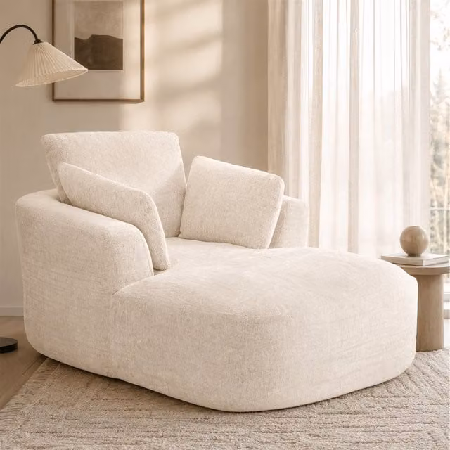 Mimo Beige Chenille Upholstered Indoor Chaise Lounge Lasy Sofa with 30D Foam, W/D/H: 164.0 x 115.0 x 91.0 cm