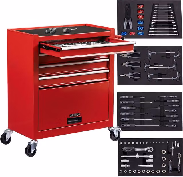 AREBOS Red Steel Tool Cabinet Cart Workshop Trolley with 4 Drawers