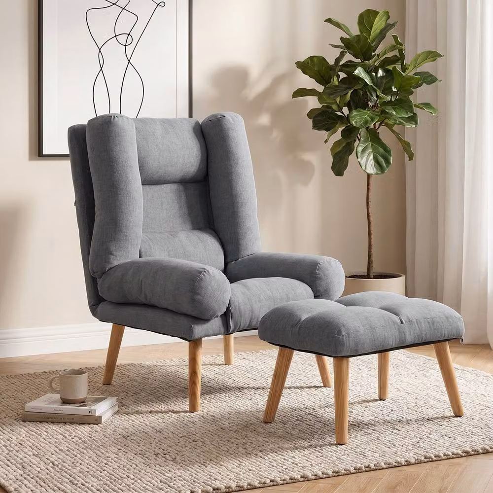 STILVORA Recliner Armchair with Matching Ottoman in Grey Fabric – 2