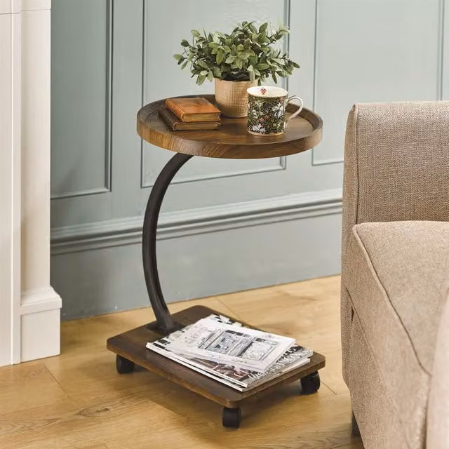 mysmartbuy Wood Effect Round Side Table with Castors in Brown, H56 x 40cm Diameter – 1