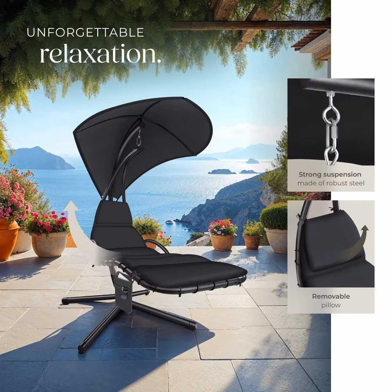 tectake Elaria Hanging Chair with UV-Protection Sun Canopy in Black – 8