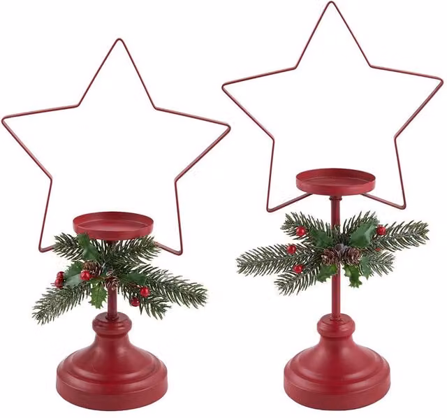 Living and Home Set of 2 Red Metal Star Decorative Christmas Candlesticks for Pillar and Taper Candles