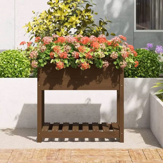 Berkfield Home Rustic Solid Wood Pine Planter with Shelf, Honey Brown, W: 82.5 cm, D: 54 cm, H: 81 cm – 1