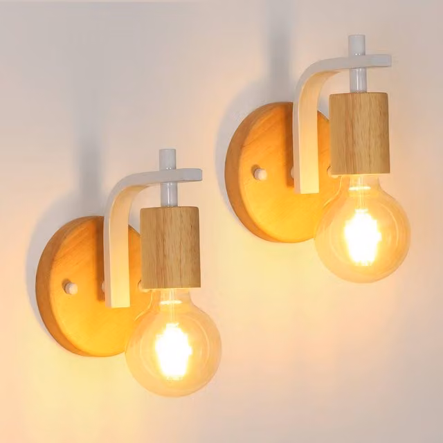 COMELY 2 Pack Vintage White Wood Indoor Wall Lights with E27 Bulb Holder – 1