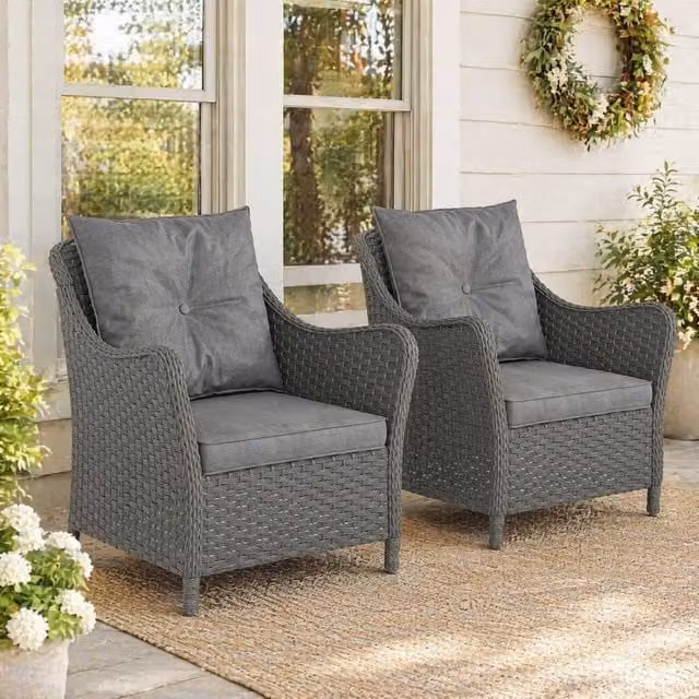 STILVORA Set of 2 Modern Garden Armchairs with Grey Cushions in Metal and Rattan – 1
