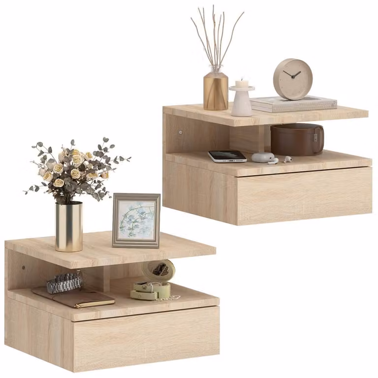 HOMCOM Set of 2 Modern Wall Mounted Nightstands in Light Brown
