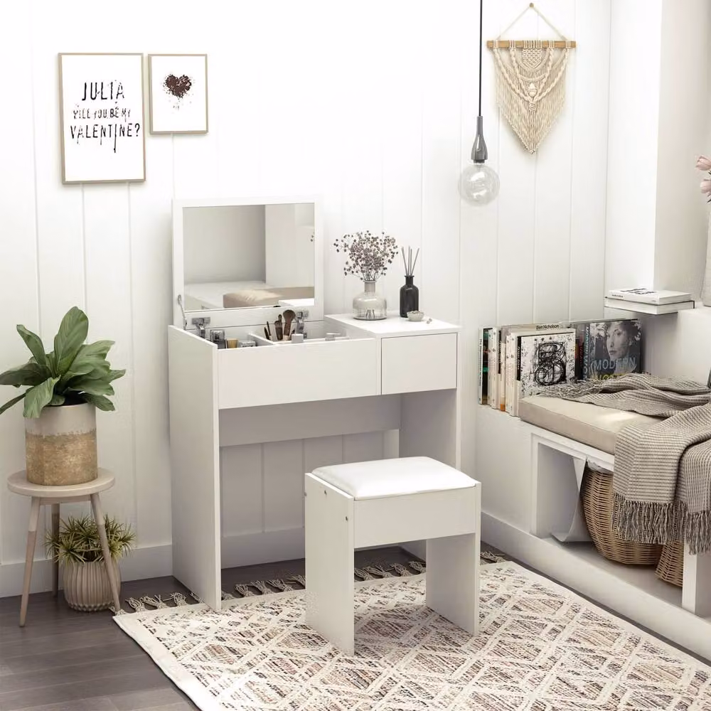 Wyld Haus Firazzi White Vanity Desk with Flip Mirror, W/D/H: 80 x 40 x 79 cm – 2