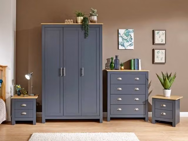 GFW Lancaster 4 Piece Bedroom Furniture Set in Slate Blue and Oak – 1