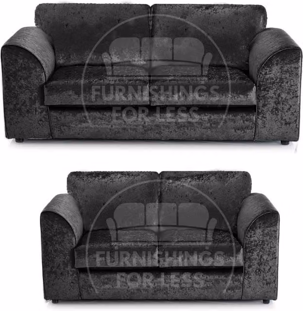 Furnishings For Less UK Crystal Crushed Velvet 3 and 2 Seater Sofa Set in Black