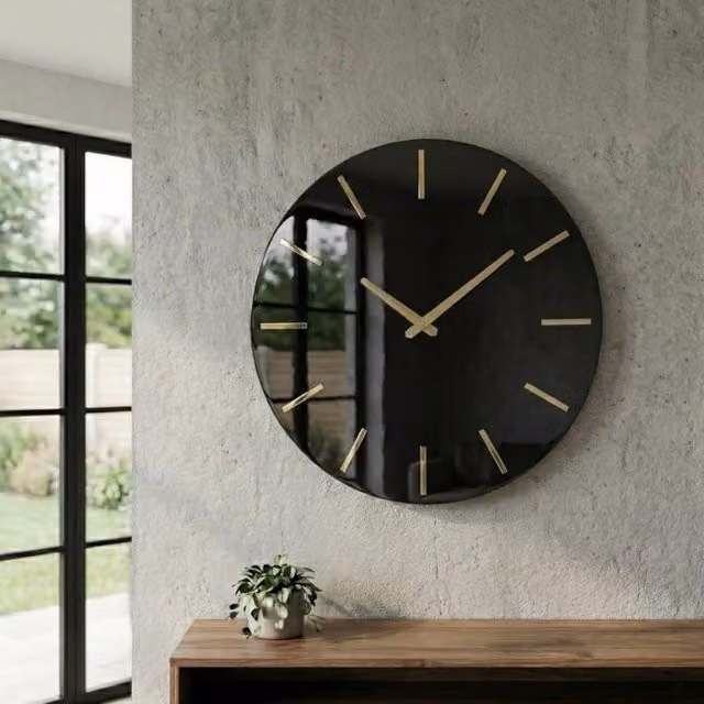 Garden Greatness Midnight Gold Minimalist Round Analog Wall Clock in Black and Gold, Diameter: 35.5 cm