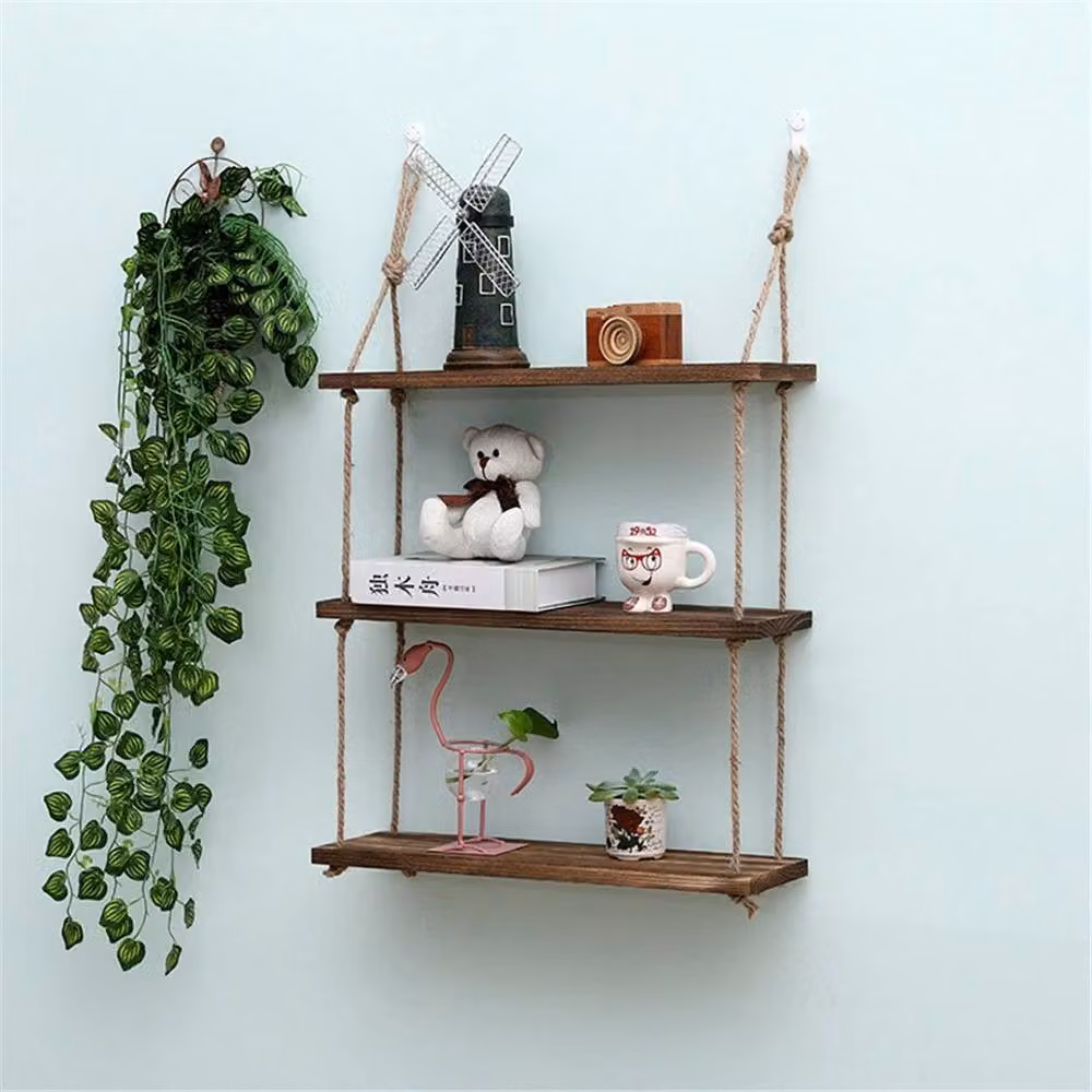 Havendro 3 Tier Brown Wood and Jute Rope Floating Wall Shelf – 3
