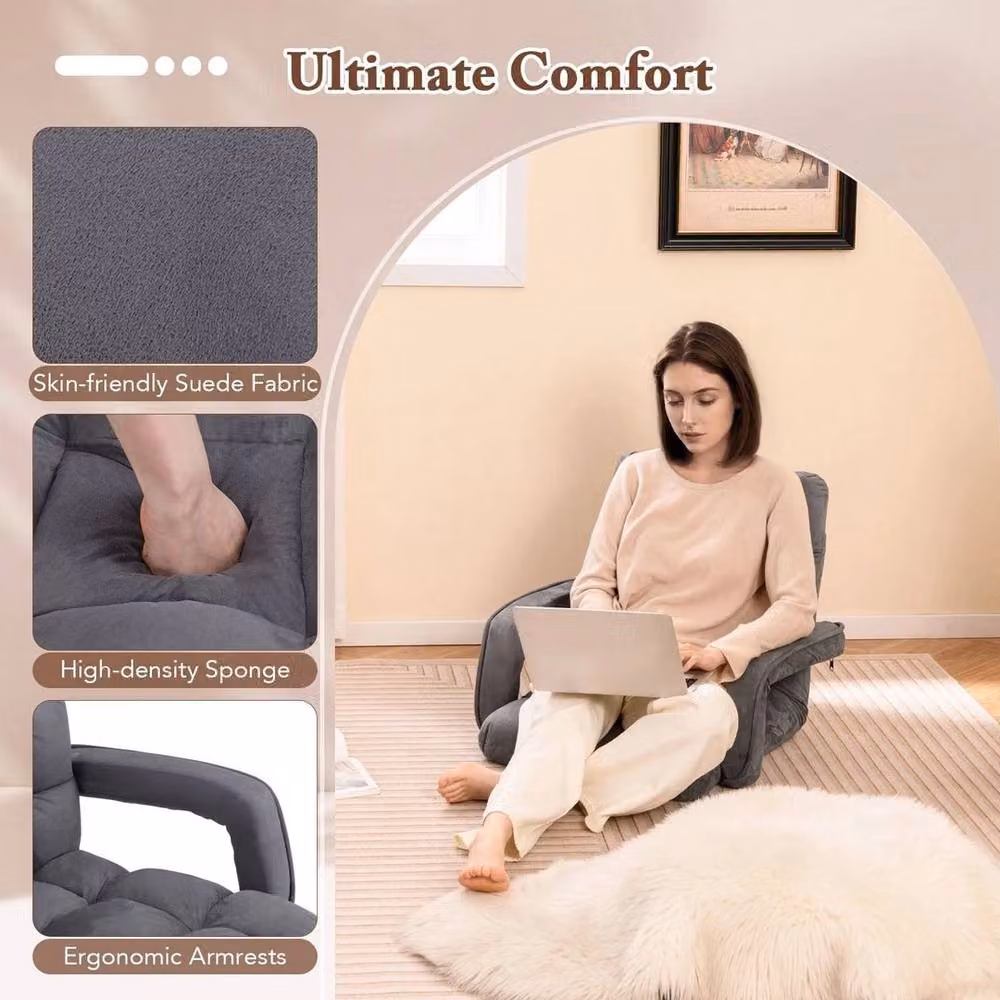 SPETLEK Adjustable Grey Microfibre Floor Chair with Armrests and Adjustable Headrest – 4