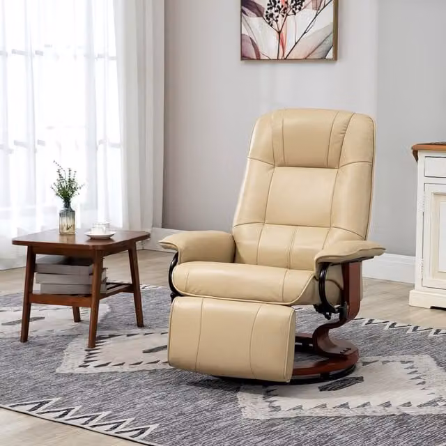 HOMCOM Modern Cream Synthetic Leather Recliner Chair with Solid Wood Frame and 360 Degree Swivel